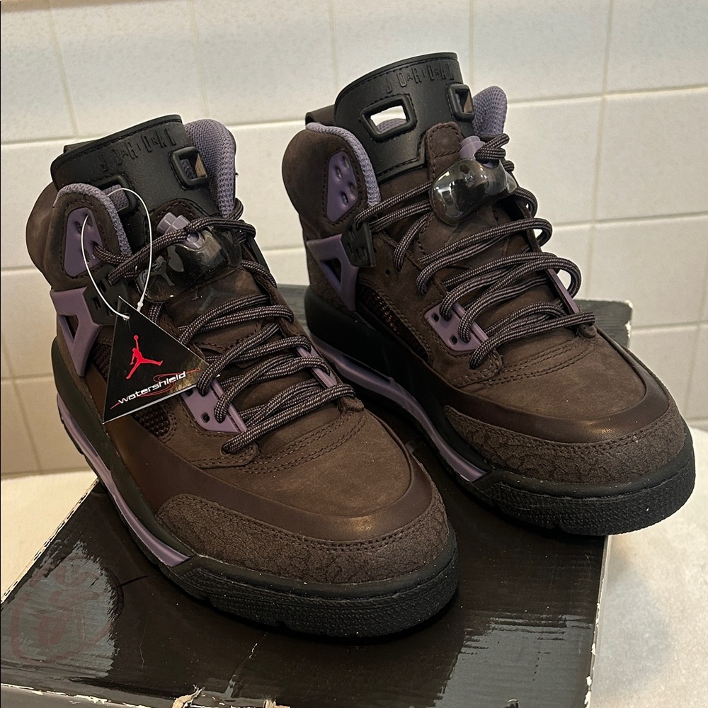 New, Jordan Kids Dark Brown and Purple Sneakers.